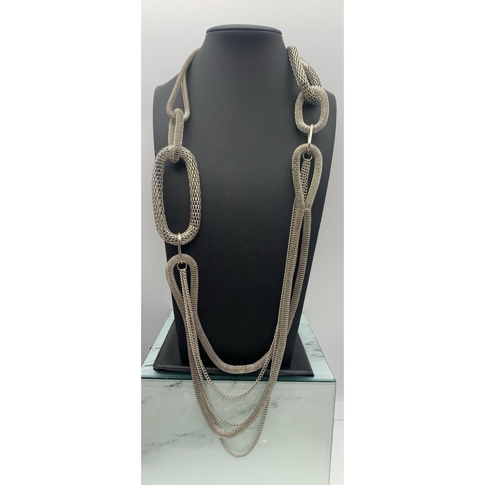 Silver Tone Mesh Links Multi Layered Chain Necklace 26" Metal Whimsygoth